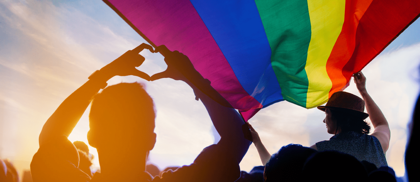 people's silhouettes holding a pride flag