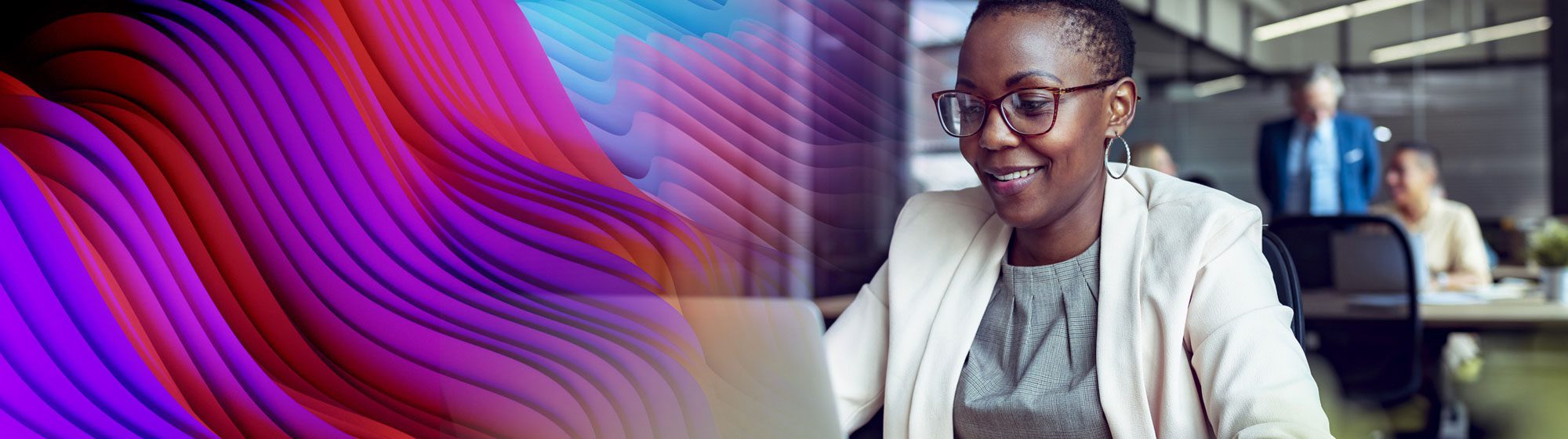3D waves of color - transformation and African American businesswoman working on laptop with executives in background